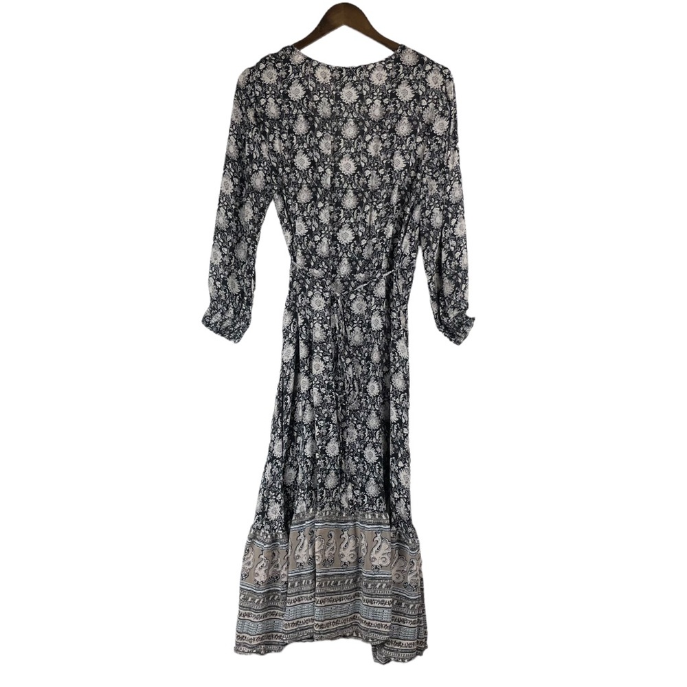 Lucky Brand Black & Beige Paisley Floral Border Print Wrap Dress Size Large - Picture 4 of 9